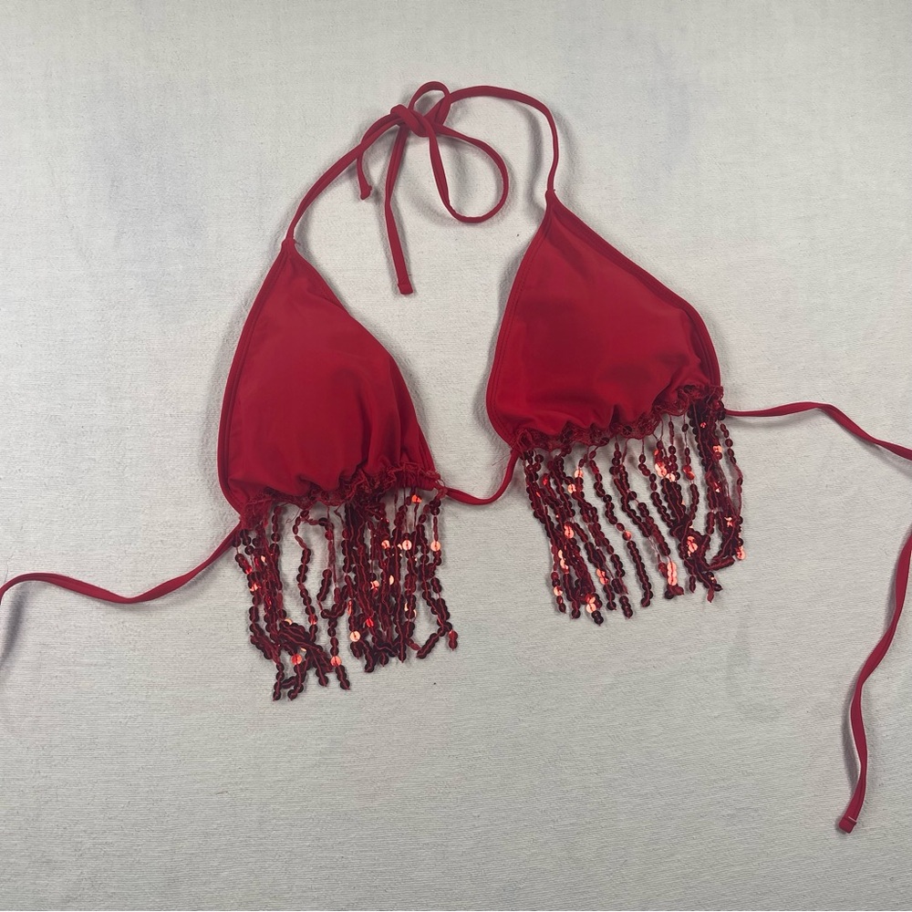 Red Sequin Fringe Triangle Bikini Top tassel festival concert party - Picture 2 of 3